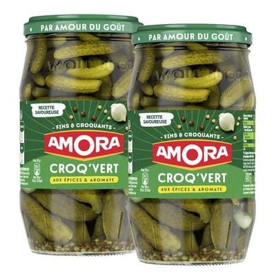 Amora Cornichons fins Croq'Vert épices et aromates, Lot de 2x540g
