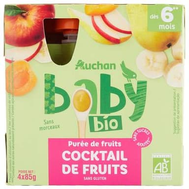 Auchan Baby Bio Purée de fruits Cocktail de Fruits Bio Gourdes Bébé dès 6 mois, 4x85g