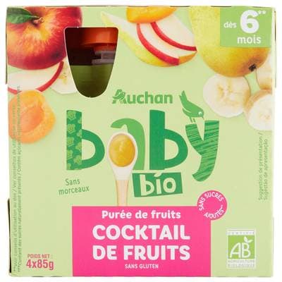 Auchan Baby Bio Purée de fruits Cocktail de Fruits Bio Gourdes Bébé dès 6 mois, 4x85g