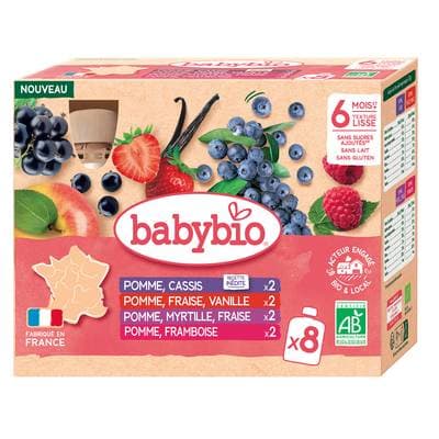 Babybio Pomme Cassis Fraise Vanille Myrtille Framboise Bio gourde bébé dès 6 mois, 8x90g