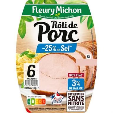 Fleury Michon Rôti de Porc Cuit, Taux de Sel Réduit, 6 tranches - 210g