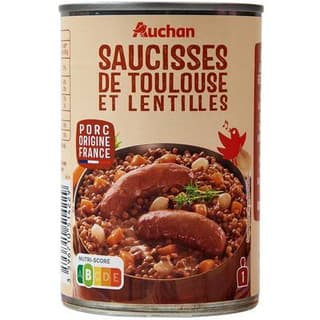 Auchan Saucisses de Toulouse et lentilles en conserve individuelle, 420g