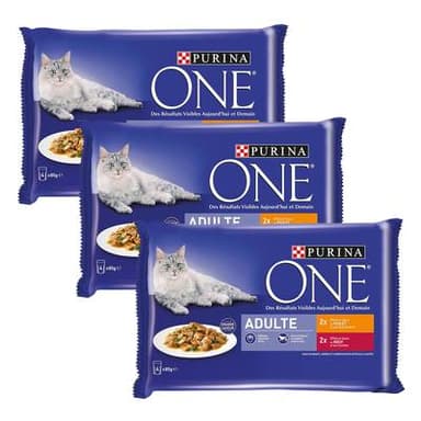 Purina - One Sachets en sauce Effilés Poulet Bœuf pour chat adulte, Lot de 3 - 4x85g