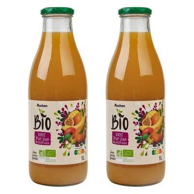 Auchan BIO Pur jus multifruits bio sans sucres ajoutés, Lot de 2x1L