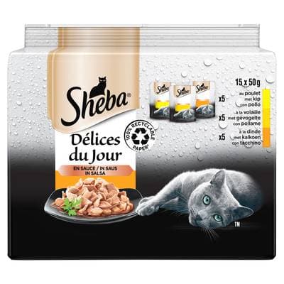 Sheba - Délices du Jour Sachets en Sauce Volaille Poulet, Volaille, Dinde pour chat adulte, 15x50g