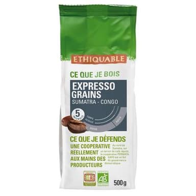 Ethiquable - Commerce Equitable Café en Grains Arabica Expresso Bio du Congo ou Sumatra, 500g