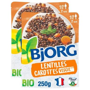 Bjorg Lentilles carottes fondantes Plat Cuisiné bio, Lot de 2x250g