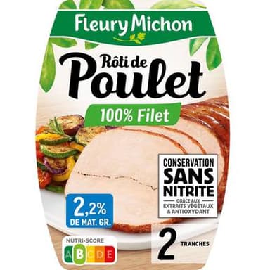 Fleury Michon Rôti de Poulet 100 % Filet Conservation Sans Nitrites, 2 tranches -90g