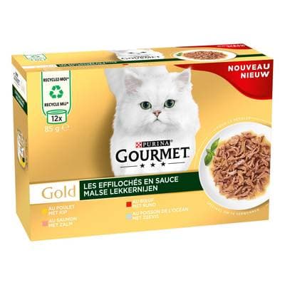 Purina - Gourmet Gold Boites Effilochés en Sauce Poulet, Boeuf, Saumon, Poisson de l'Océan pour chat, 12x85g