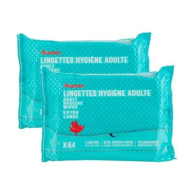 Auchan Lingettes hygiène adulte extra large, Lot de 2x64 lingettes