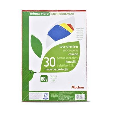 Auchan Sous-chemises A4 21x29,7cm coloris assortis, 30 sous-chemises Couleurs vives