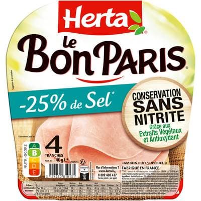 Herta Jambon Le Bon Paris Taux de Sel Réduit Conservation Sans Nitrite, 4 tranches - 140g