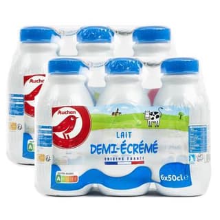 Auchan Lait demi-écrémé UHT, Lot de 2 - 6x50cl