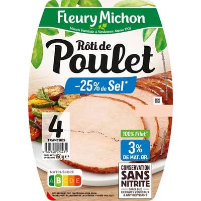 Fleury Michon Rôti de Poulet, Taux de Sel Réduit, 4 tranches - 150g