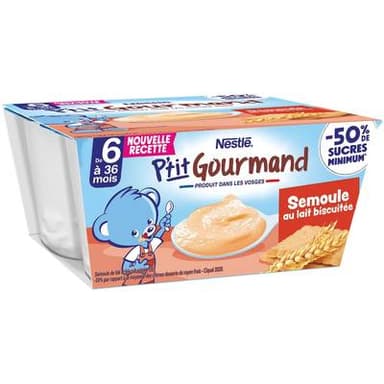 Nestlé - P'tit biscuit Dessert lacté Semoule Saveur Lait Biscuitée Pots Bébé dès 6 mois, 4x100g