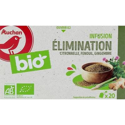 Auchan BIO Infusion élimination citronnelle fenouil et gingembre bio, 20 sachets