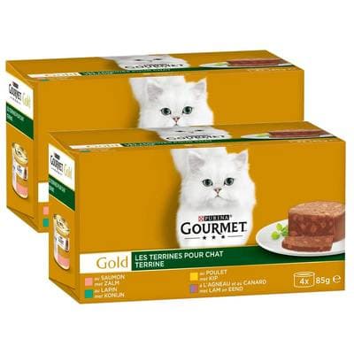 Purina - Gourmet Gold Boites Terrine Saumon, Poulet, Lapin, Agneau-Canard pour chat, Lot de 2 -4x85g