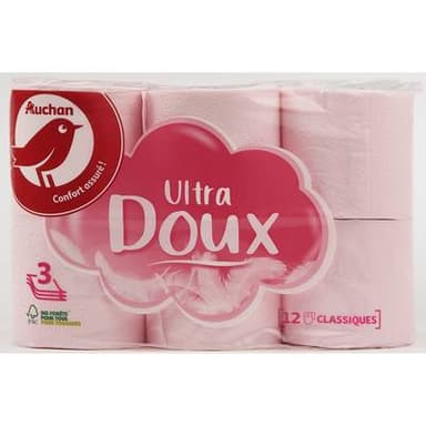Auchan Papier toilette rose ultra doux 3 épaisseurs, 12 rouleaux papiers toilettes