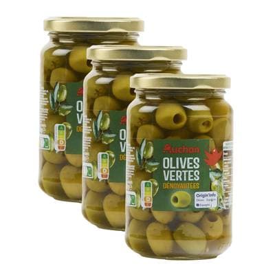 Auchan Olives vertes dénoyautées en bocal, Lot de 3x160g