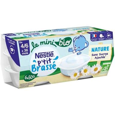 Nestlé - P'tit Brassé Mini Dessert Lacté Nature Bio Coupelle Bébé Dès 4 Mois, 6x50g