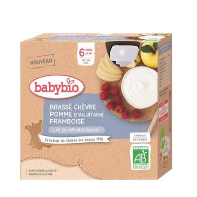 Babybio Brassé Lait de Chèvre Pomme Framboise Bio Gourde Bébé Dès 6 mois, 4x85g