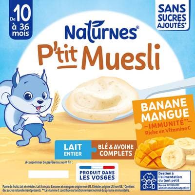 Naturnes® - P'tit Muesli Dessert lacté Banane Mangue Lait entier Blé & Avoine Complets Coupelle Bébé Dès 10 Mois, 4x90g