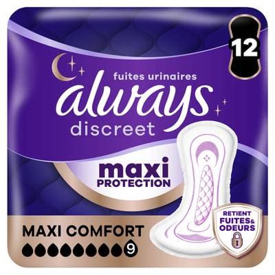 Always Discreet Serviettes pour Fuites Urinaires Maxi Protection Maxi Comfort Discreet, 12 serviettes