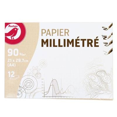 Auchan Pochette papier millimétré A4, 12 feuilles 90g/m²