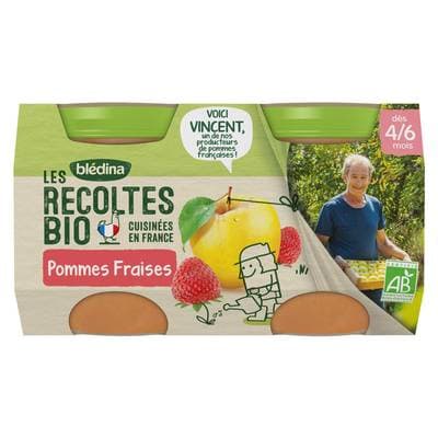 Blédina - Les Récoltes Bio Pommes fraises Bio Pot Bébé Dès 4/6 mois, 2x130g