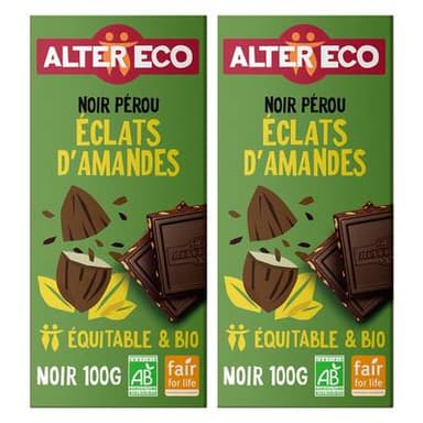 Alter Eco - Commerce Equitable Chocolat noir éclats d'amandes 60% Cacao bio du Pérou, Lot de 2x100g