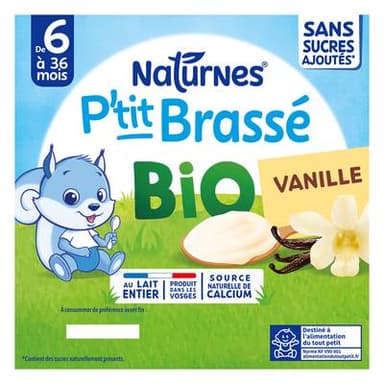 Naturnes® - P'tit Brassé Dessert Lacté Vanille Bio Coupelle Bébé Dès 6 mois, 4x90g