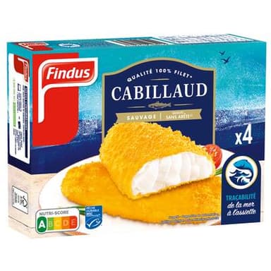 Findus Panés de cabillaud sauvage MSC ferme et croustillant qualité 100% filet, 4x100g