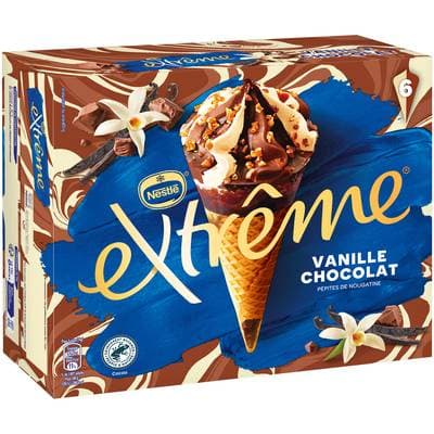 Extrême Cônes vanille chocolat pépite de nougatine, 6 cônes - 444g