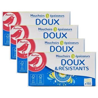 Auchan Boîte de mouchoirs doux et résistants 3 épaisseurs, Lot de 4x150 mouchoirs