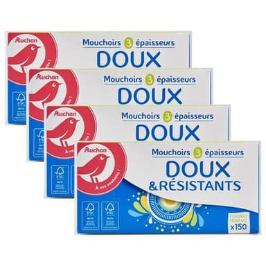 Auchan Boîte de mouchoirs doux et résistants 3 épaisseurs, Lot de 4x150 mouchoirs