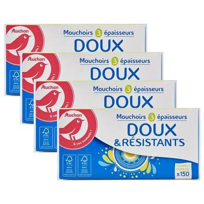 Auchan Boîte de mouchoirs doux et résistants 3 épaisseurs, Lot de 4x150 mouchoirs