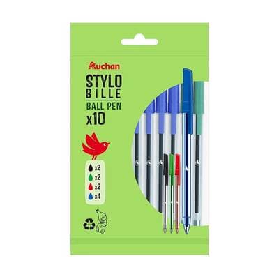 Auchan Stylos bille assortis pointe moyenne, 10 stylos couleurs assorties