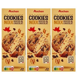 Auchan Cookies aux pépites de chocolat et aux noix, Lot de 3x200g