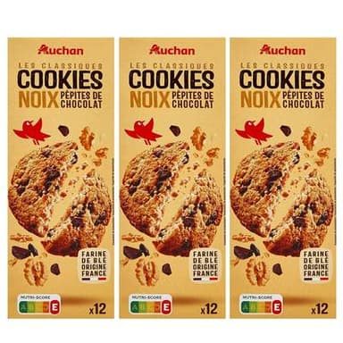 Auchan Cookies aux pépites de chocolat et aux noix, Lot de 3x200g
