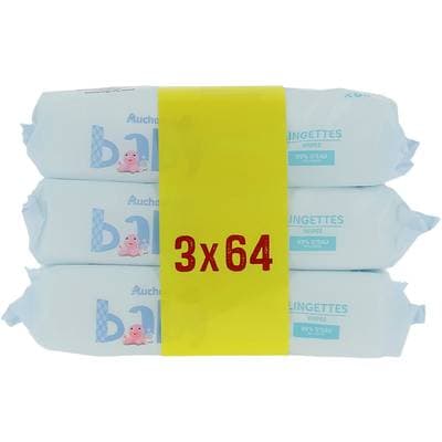 Auchan Baby Lingettes à l'eau pure, 3 x 64 lingettes