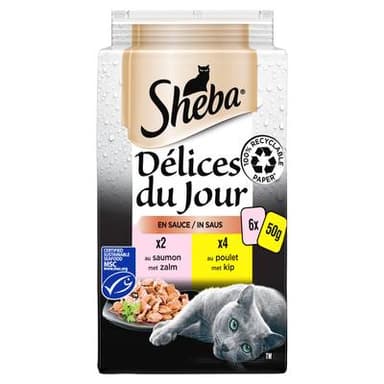 Sheba - Délices du Jour Sachets en sauce Poulet, Saumon MSC pour chat, 6x50g