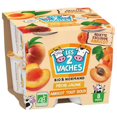 Les 2 Vaches Brassés pêche jaune et abricot bio, 8x115g