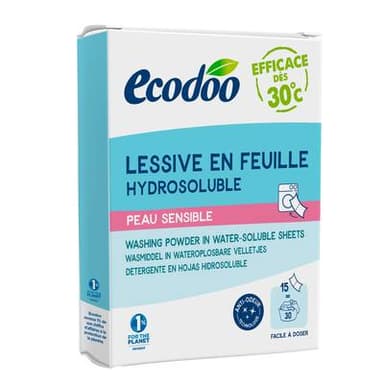 Ecodoo Lessive en feuille hydrosoluble peau sensible, 15 feuilles