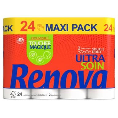 RENOVA Papier toilette blanc souple et doux 2 épaisseurs ultra soin, 24 rouleaux