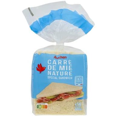 Auchan Carré de Mie Nature Grandes Tranches Sans Croûte, 14 tranches - 500g