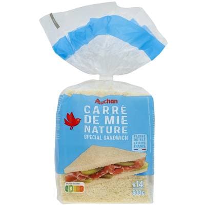 Auchan Carré de Mie Nature Grandes Tranches Sans Croûte, 14 tranches - 500g