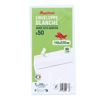 Auchan 50 Enveloppes blanches auto-adhésive, Dimensions : 110x220mm
