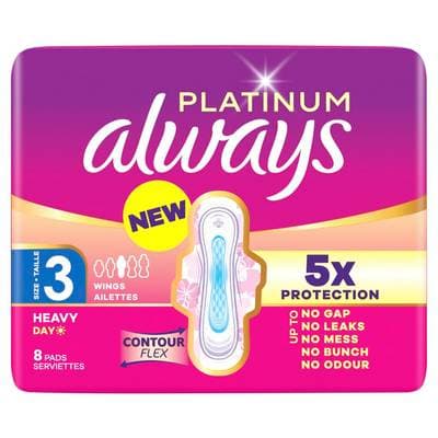 Always Serviettes Hygiéniques Avec Ailettes Flux Abondant Jour Taille 3 Platinum, 8 serviettes