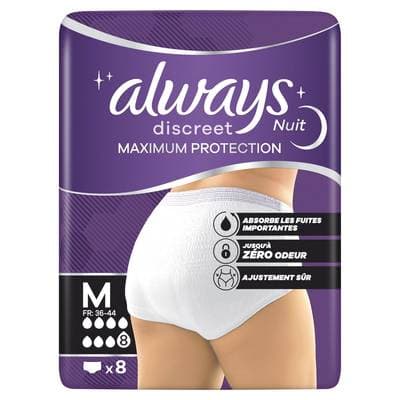 Always Discreet Culottes Nuit Taille M Protection Maximale, 8 culottes