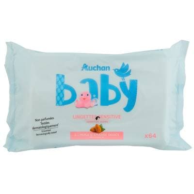 Auchan Baby Lingettes sensitive à l'huile d'Amande douce, 64 lingettes
